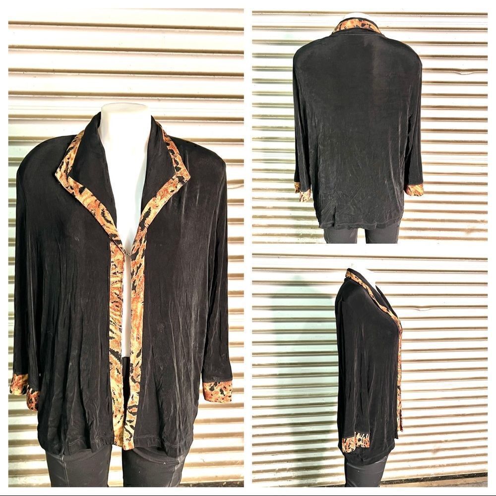 Alfred Dunner black cardigan with animal print trim
